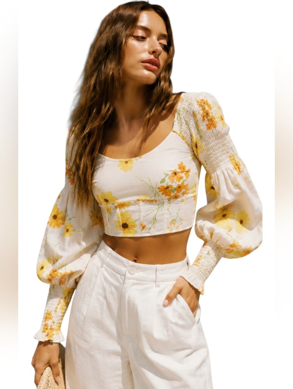 Sabo Luxe Floral Smocked Puff Sleeve Corset Crop Top XS